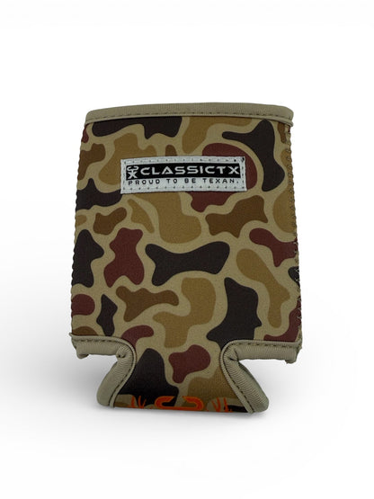 Camouflage can cooler with Classic TX logo on a white background
